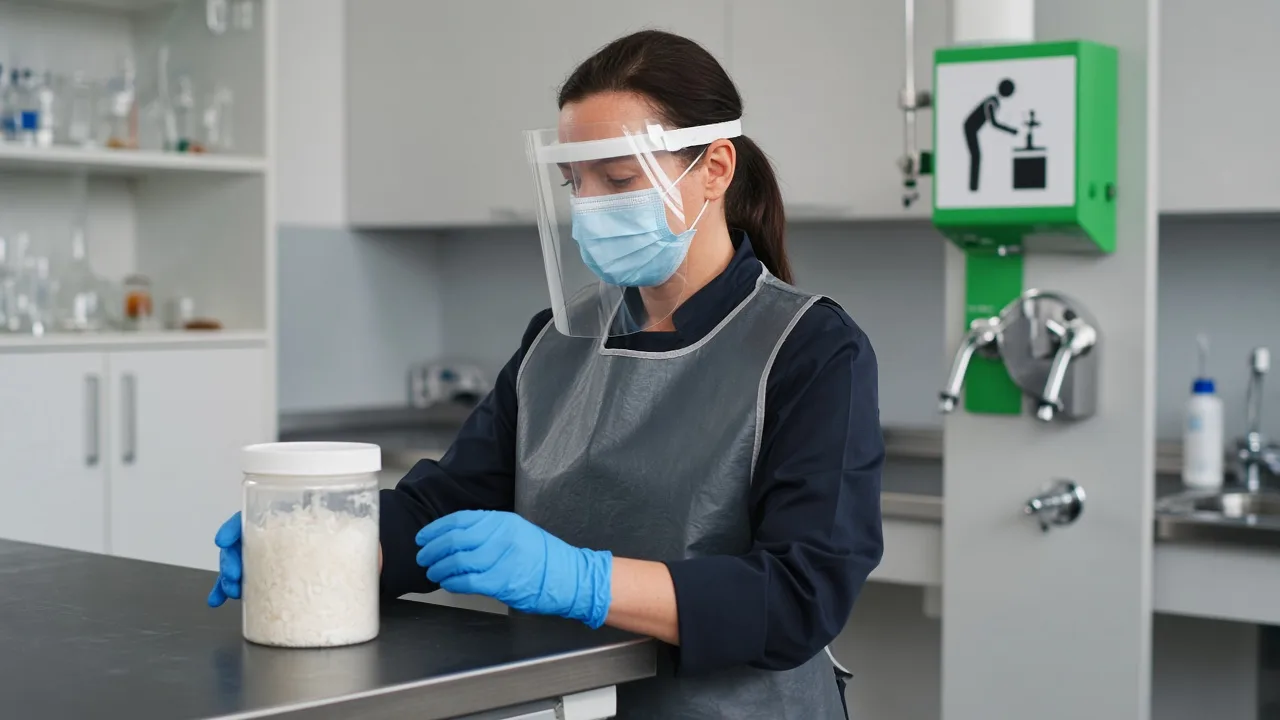 Laborant se štítem, nitrilovými rukavicemi a zástěrou u uzavřené nádoby s bílými žíravými lupínky