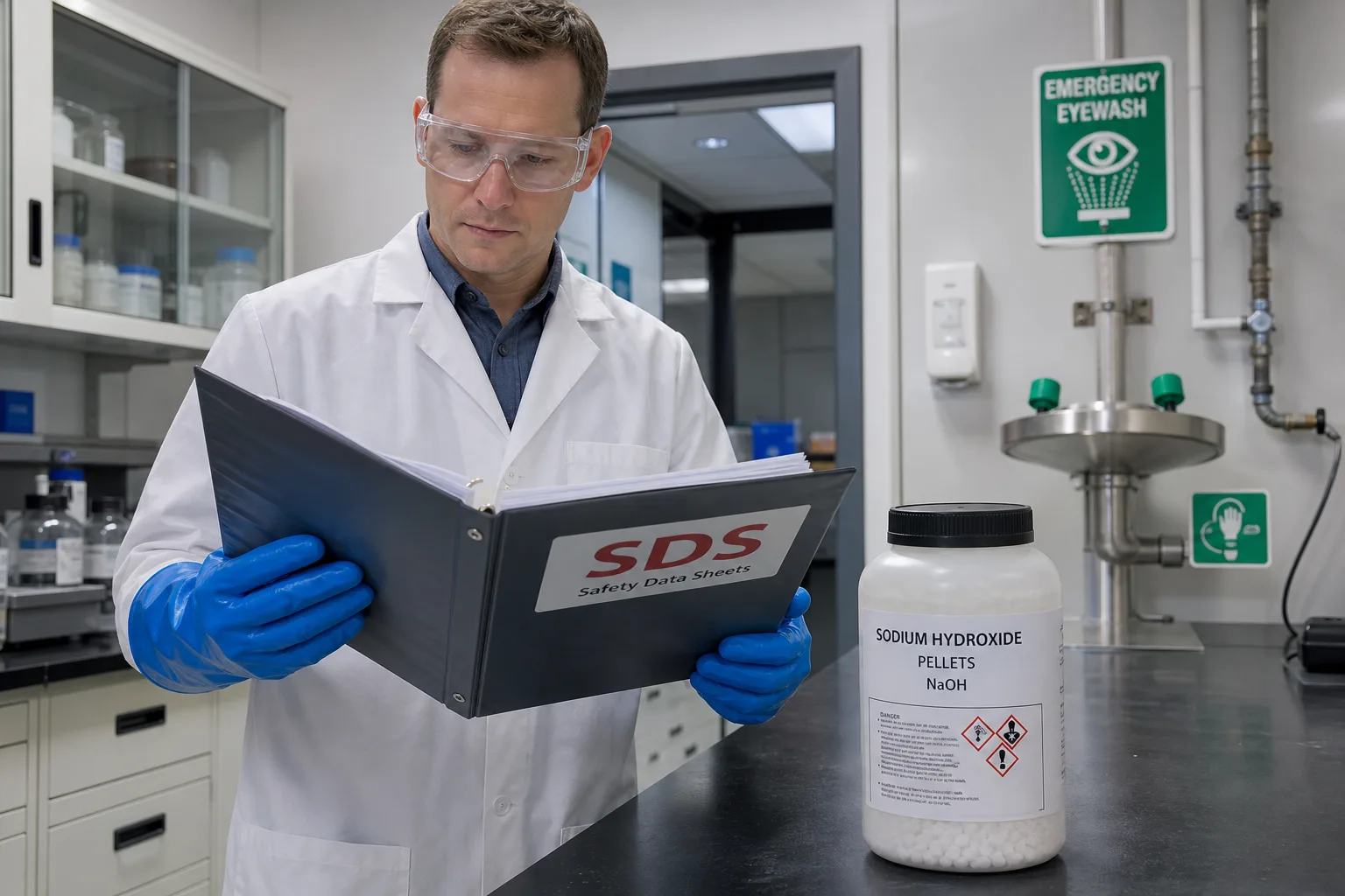 Bezpečnostní list SDS hydroxidu sodného vedle lahve s NaOH v laboratoři