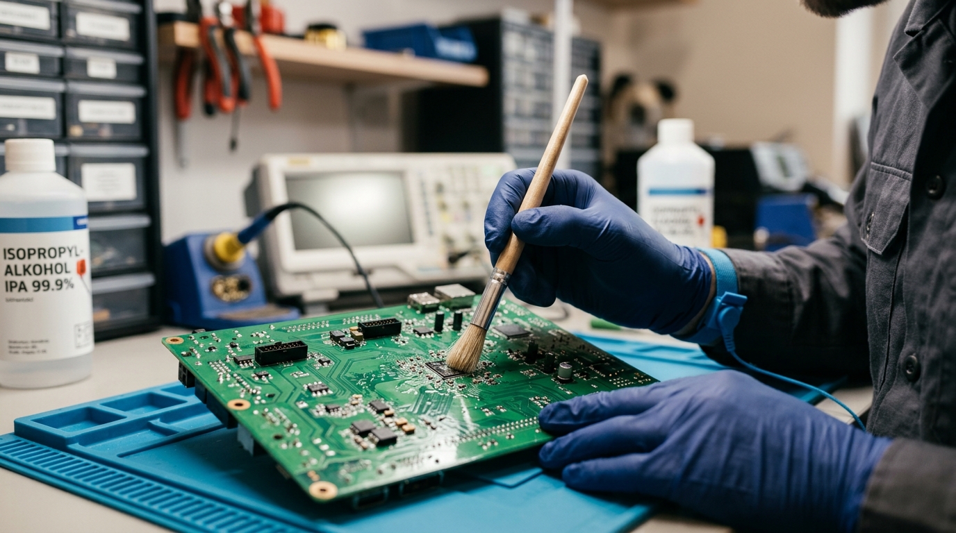 Čistění PCB desky isopropylalkoholem 99% antistatickým kartáčkem