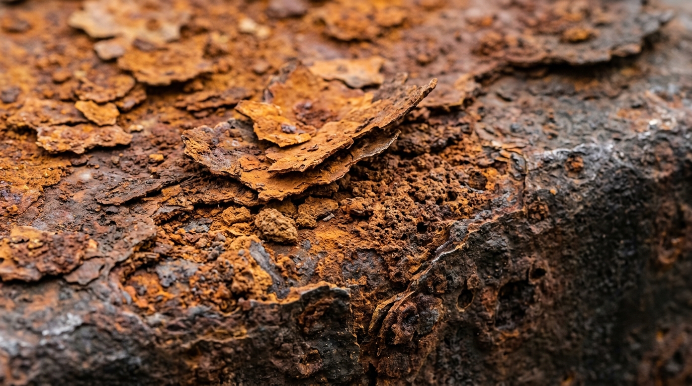 Makrofotografie rzi (oxidu železitého) na kovovém povrchu ukazující vrstvení koroze