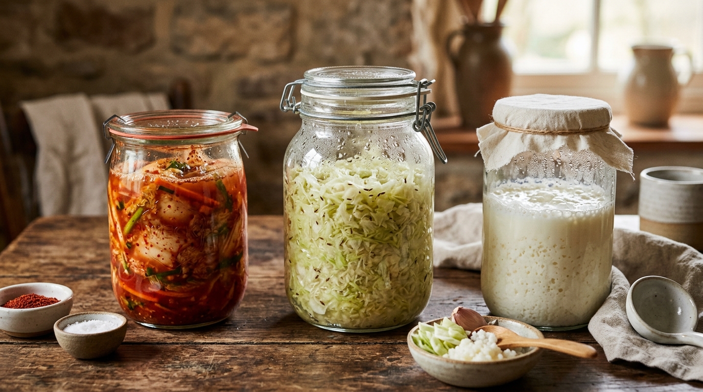 Fermentující kimchi v keramické nádobě a jogurt s laktobacily – kyselina mléčná ve fermentaci