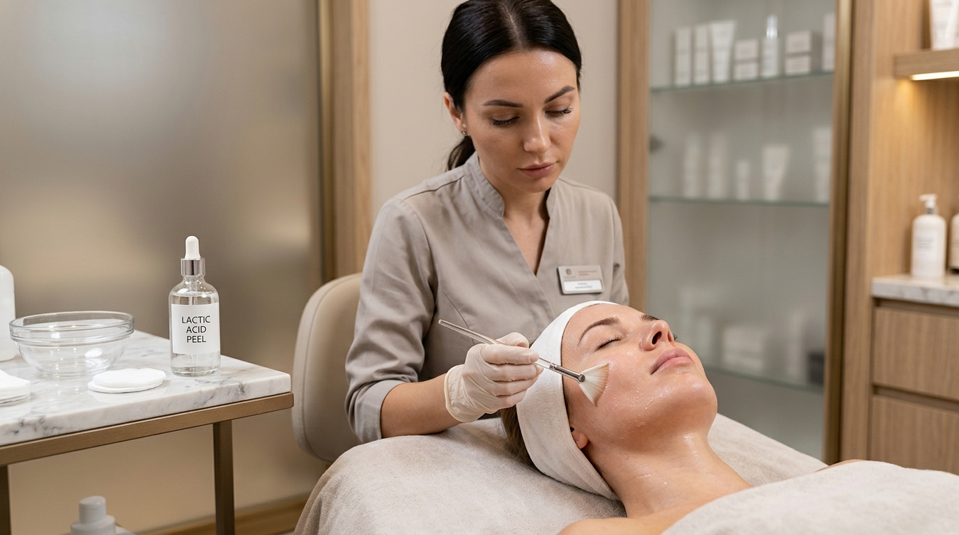 Kosmetické produkty s kyselinou mléčnou – sérum, peeling a pH metr v laboratoři