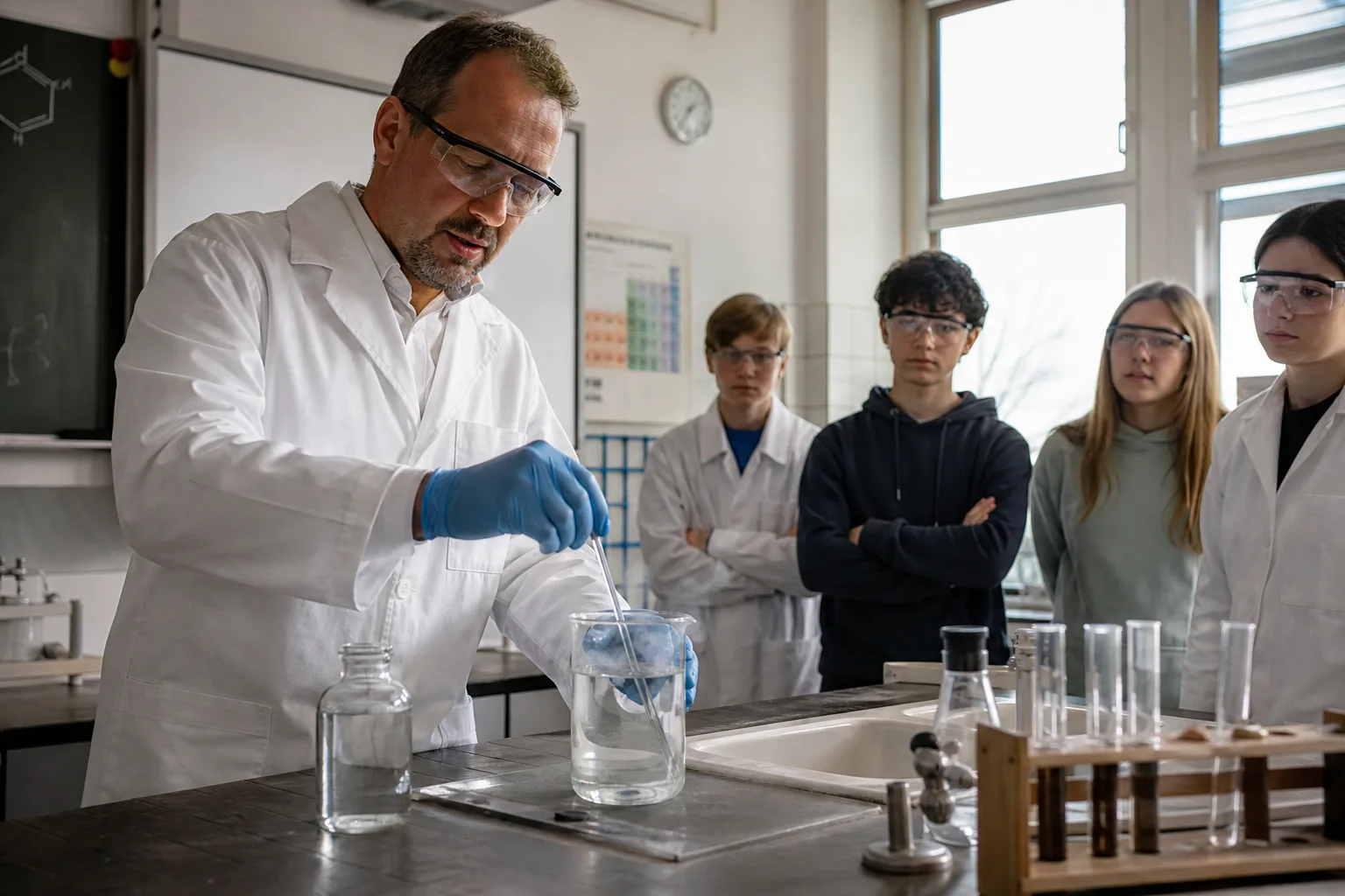 Školní laboratoř — ředění kyseliny sírové do vody pod dohledem učitele