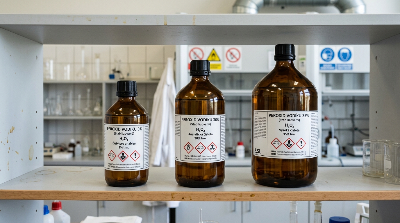 Různé koncentrace peroxidu vodíku — lahve 3%, 30% a 35% vedle sebe s bezpečnostními štítky